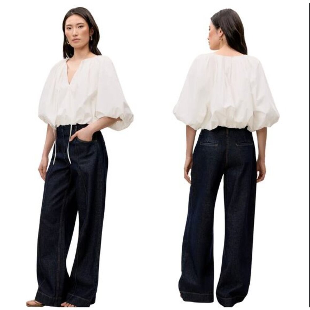 NEW Rebecca Taylor Puff Cuffs Short Sleeve Priya Bubble Top White Size: XS